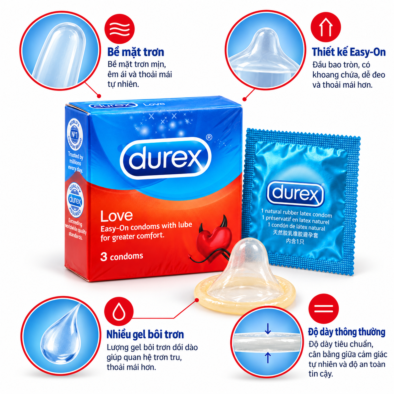 Bao cao su Durex Love (hộp 3 chiếc)