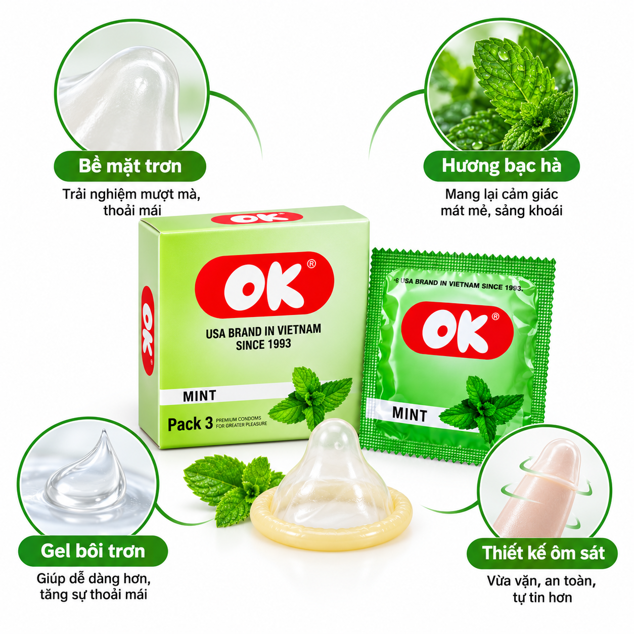 Bao cao su OK hương bạc hà (hộp 3 chiếc)