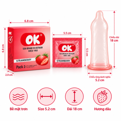 Bao cao su OK hương dâu (hộp 3 chiếc)