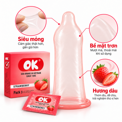 Bao cao su OK hương dâu (hộp 3 chiếc)