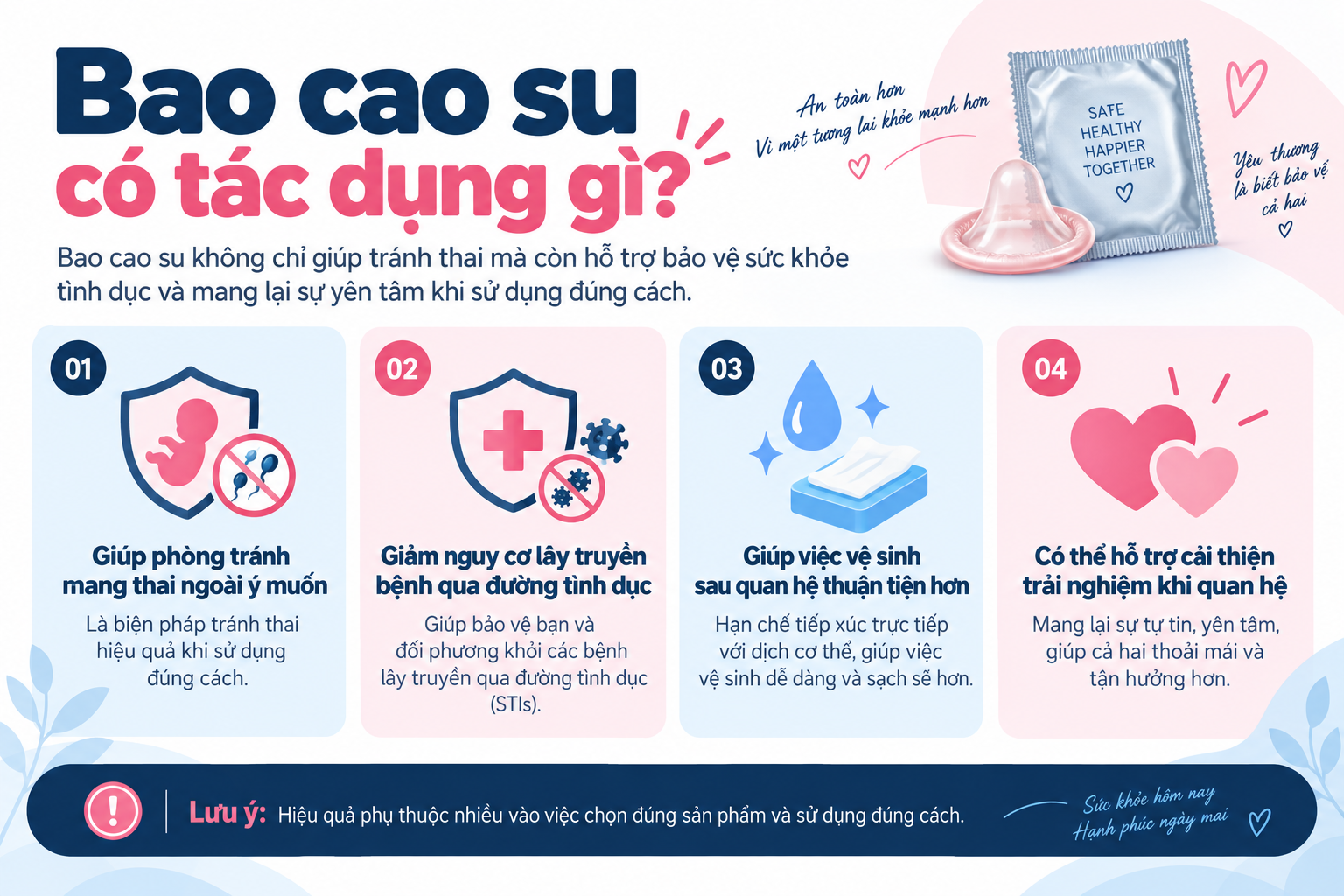 Phòng tránh mang thai ngoài ý muốn và giảm nguy cơ lây truyền bệnh qua đường tình dục là 2 tác dụng quan trọng nhất của bao cao su
