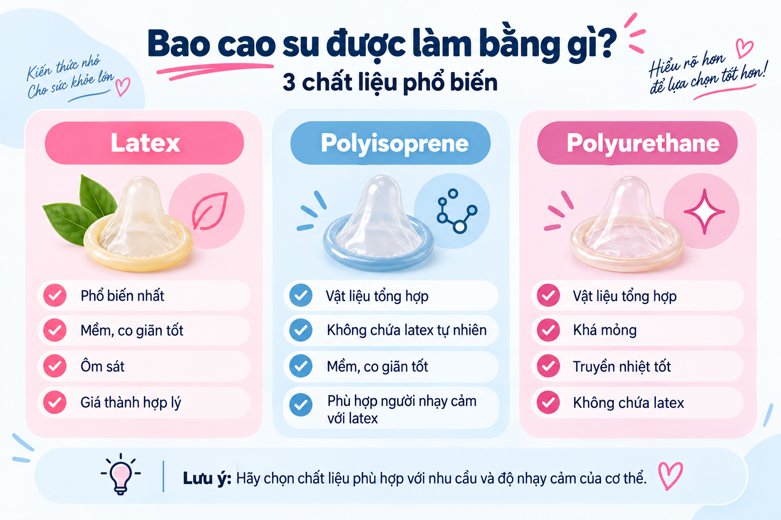 Latex, polyisoprene và polyurethane là 3 chất liệu phổ biến đề sản xuất bao cao su