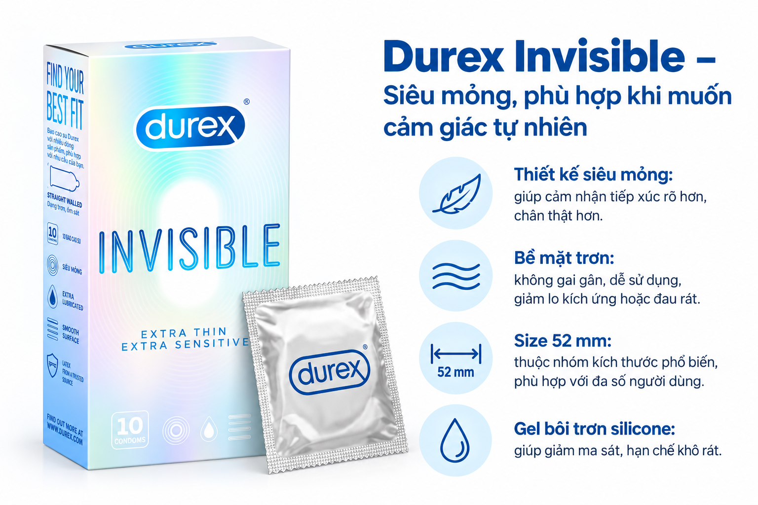 Bao cao su Durex Invisible - siêu mỏng, phù hợp khi muốn cảm giác tự nhiên Bao cao su Durex Invisible - siêu mỏng, phù hợp khi muốn cảm giác tự nhiên