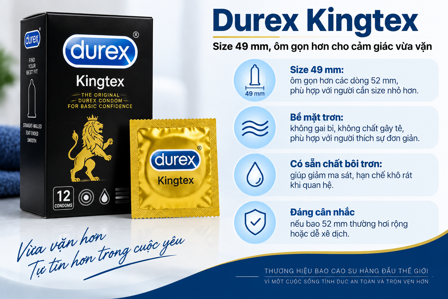Bao cao su Durex Kingtex - size 49 mm, phù hợp với người có kích thước khiêm tốn Bao cao su Durex Kingtex - size 49 mm, phù hợp với người có kích thước khiêm tốn