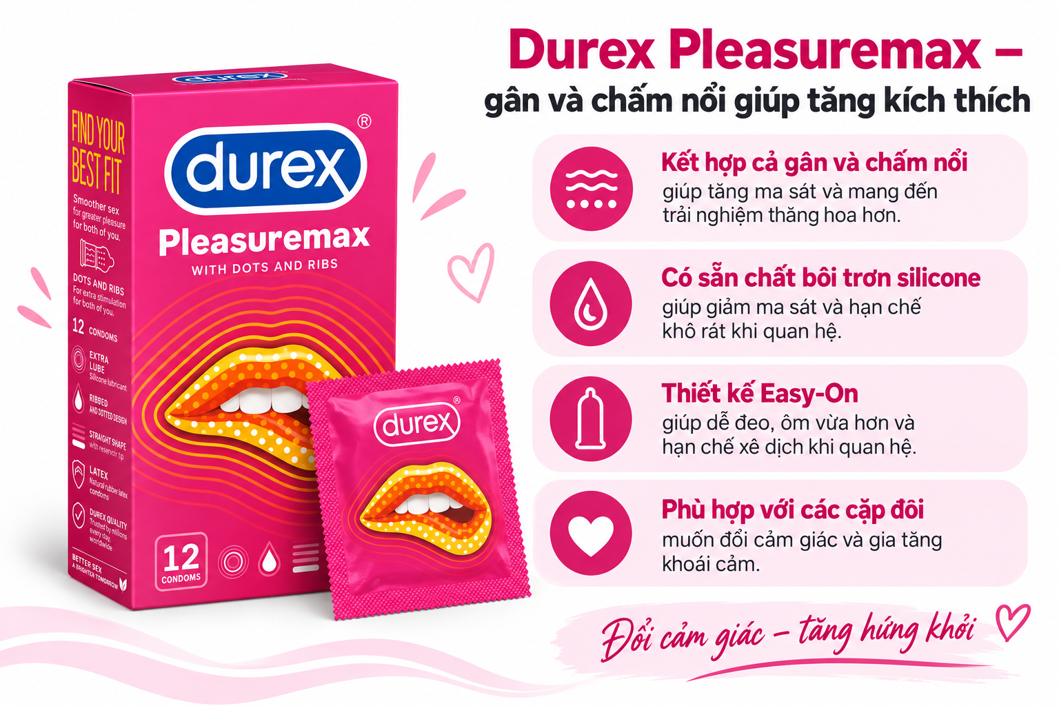 Bao cao su Durex Pleasuremax - gân và chấm nổi giúp tăng kích thích Bao cao su Durex Pleasuremax - gân và chấm nổi giúp tăng kích thích