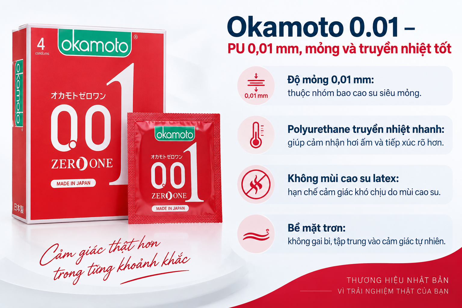 Bao cao su Okamoto 0.01 - lớp PU 0.01 mm, mỏng và truyền nhiệt tốt Bao cao su Okamoto 0.01 - lớp PU 0.01 mm, mỏng và truyền nhiệt tốt