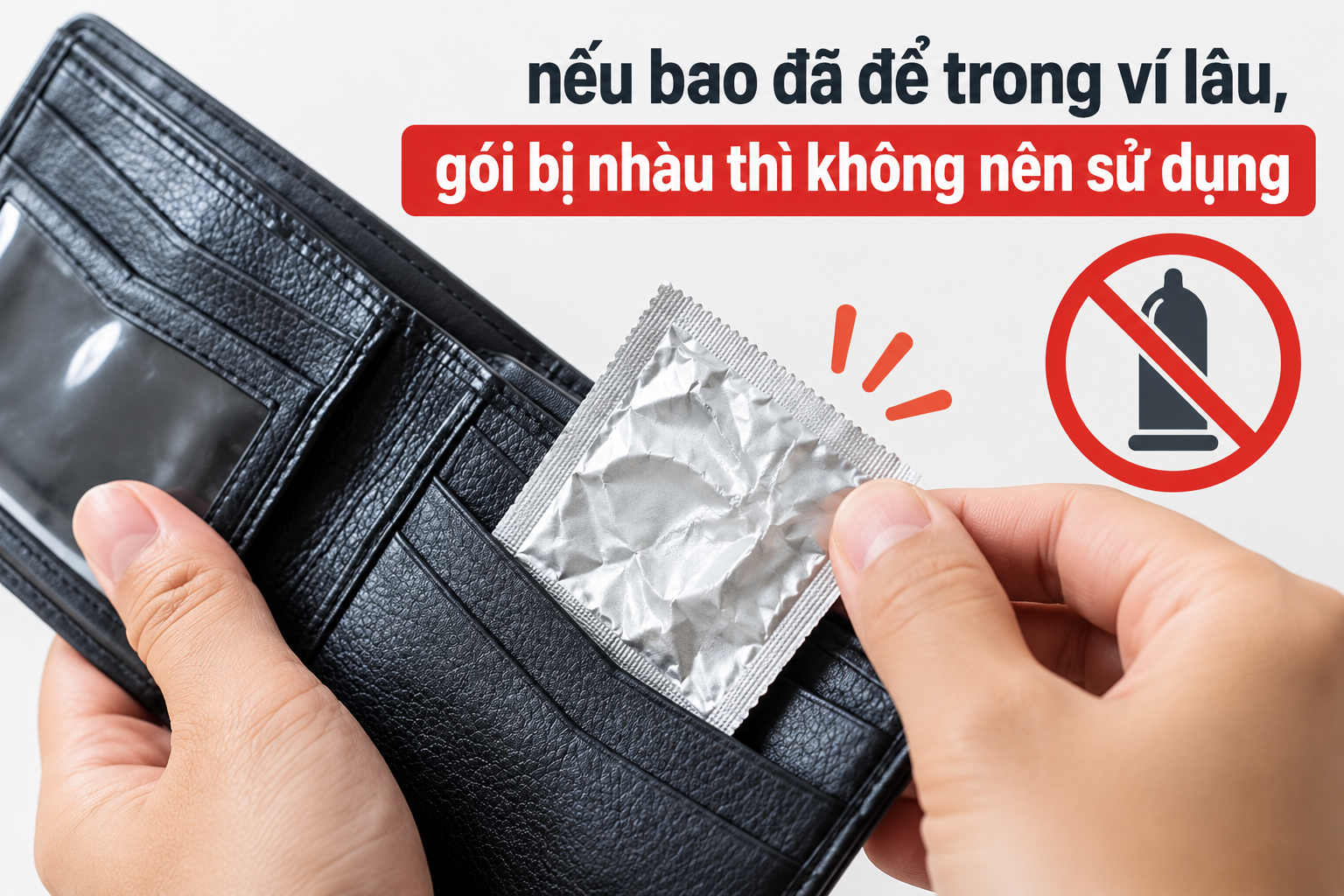 Nếu bao cao su đã để trong ví lâu, gói bị nhàu, ép mạnh thì không nên sử dụng
