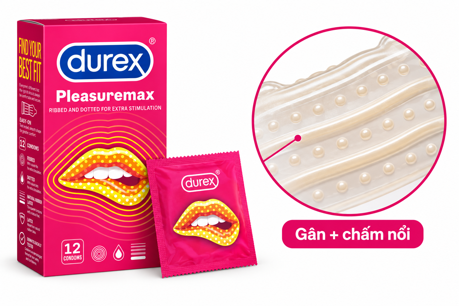 Bao cao su Durex Pleasuremax – gân và chấm nổi để tăng kích thích Bao cao su Durex Pleasuremax – gân và chấm nổi để tăng kích thích