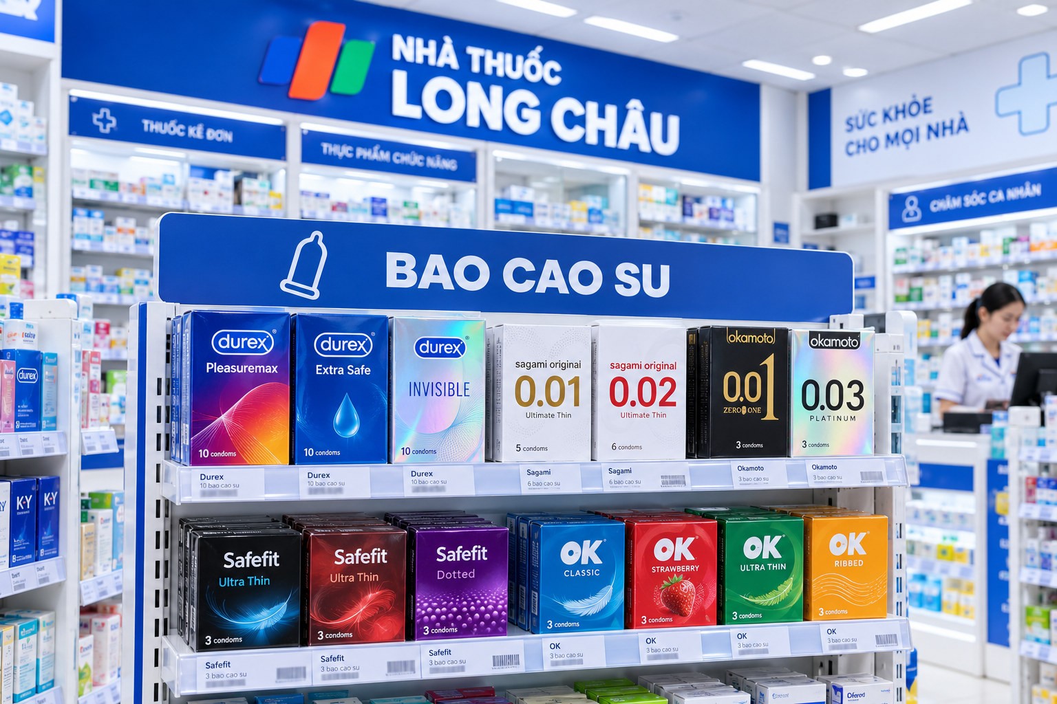 Nhà thuốc Long Châu có bán các thương hiệu quen thuộc như Durex, Sagami, Okamoto, Safefit và OK